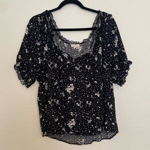 Elegant Black and White Floral Babydoll Blouse